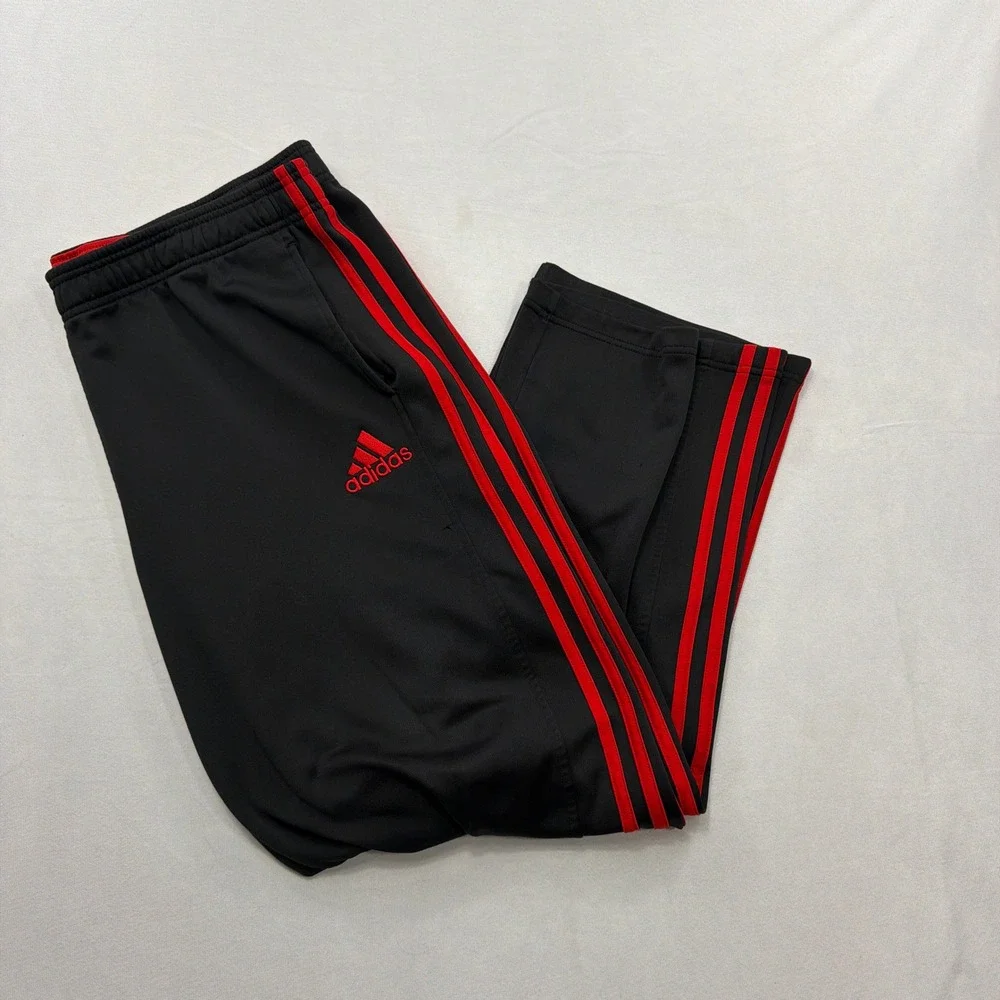 Adidas Track Pants 3-Stripe Athletic Fleece Lined Black Red Mens XL